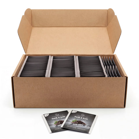 TEABALLS Earl Grey Sachetbox geöffnet mit einzeln verpackten Sachets