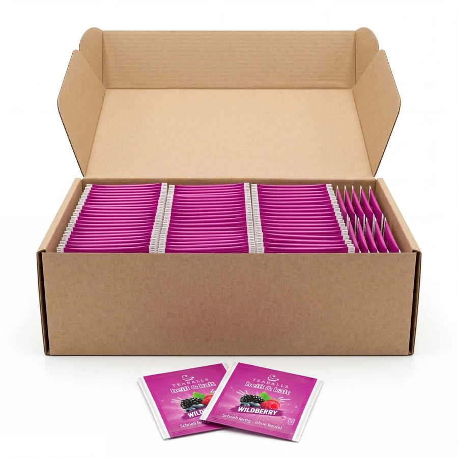 Scatola di bustine monodose TEABALLS Wildberry aperta con bustine confezionate singolarmente
