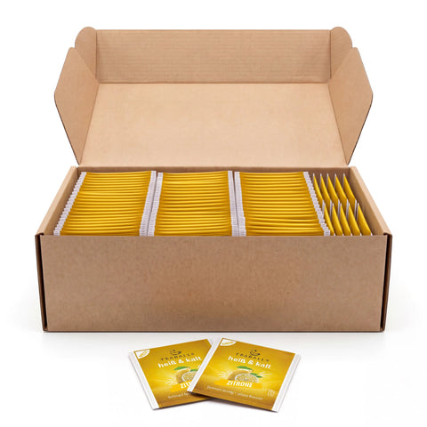 TEABALLS Zitrone Sachetbox geöffnet mit einzeln verpackten Sachets