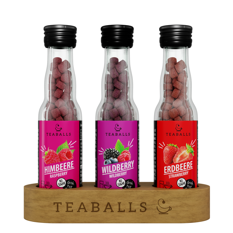 TEABALLS Set da 3 MIX BACCHE — set di tè e acqua aromatizzata. Senza zucchero, caldo e freddo.