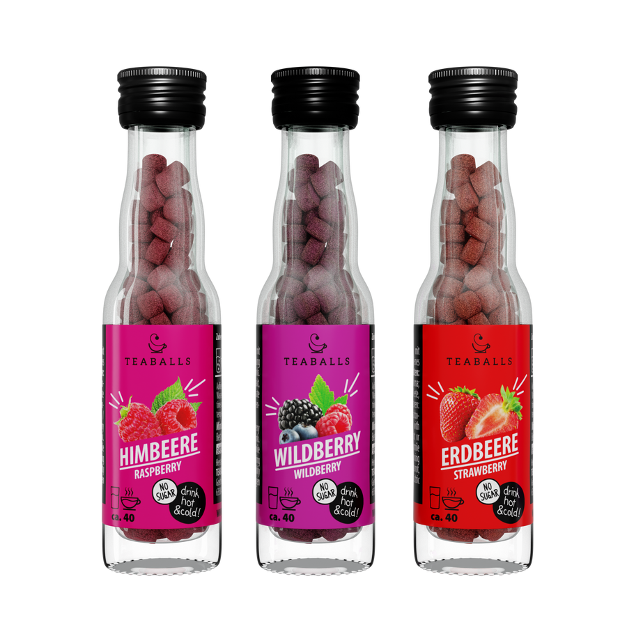 TEABALLS Set da 3 MIX BACCHE — set di tè e acqua aromatizzata — vista dettagliata. Senza zucchero, caldo e freddo.