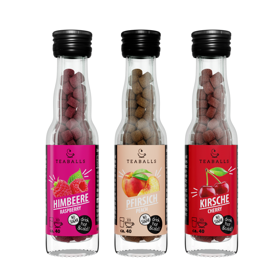 TEABALLS Set da 3 DANCE MIX — set di tè e acqua aromatizzata — vista dettagliata. Senza zucchero, caldo e freddo.