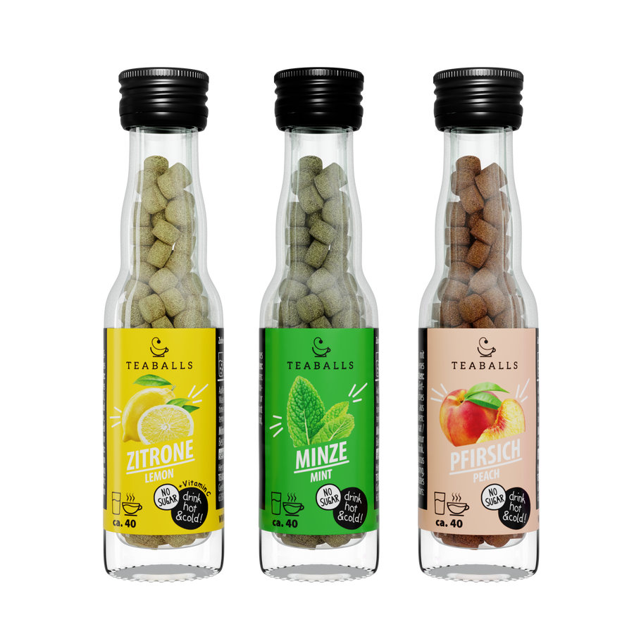 TEABALLS Set da 3 MIX TÈ FREDDO — set di tè e acqua aromatizzata — vista dettagliata. Senza zucchero, caldo e freddo.