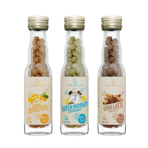 TEABALLS BIO - 3er Set FEEL GOOD - INGWER KURKUMA ORANGE, GUTEN MORGEN TEE, CHAI LATTE