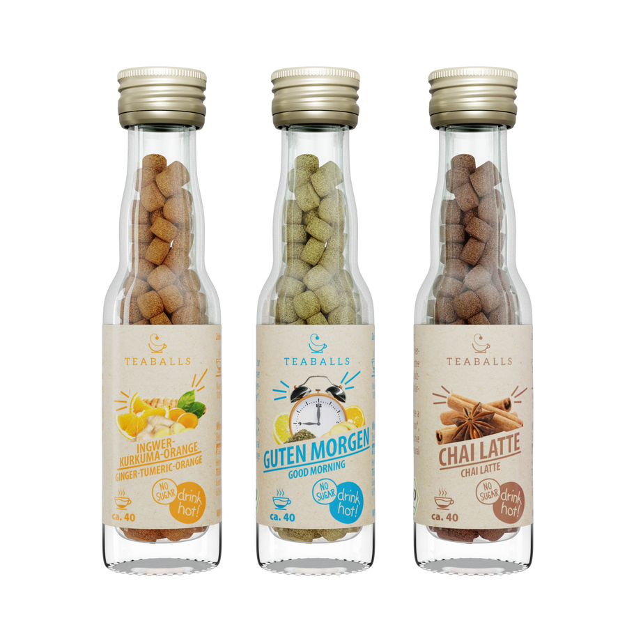 TEABALLS Set da 3 bio FEEL GOOD — set di tè e acqua aromatizzata — vista dettagliata. Senza zucchero, caldo e freddo.