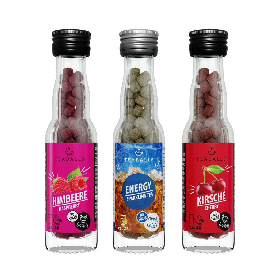 TEABALLS Set da 3 POWER TEA MIX — set di tè e acqua aromatizzata — vista dettagliata. Senza zucchero, caldo e freddo.