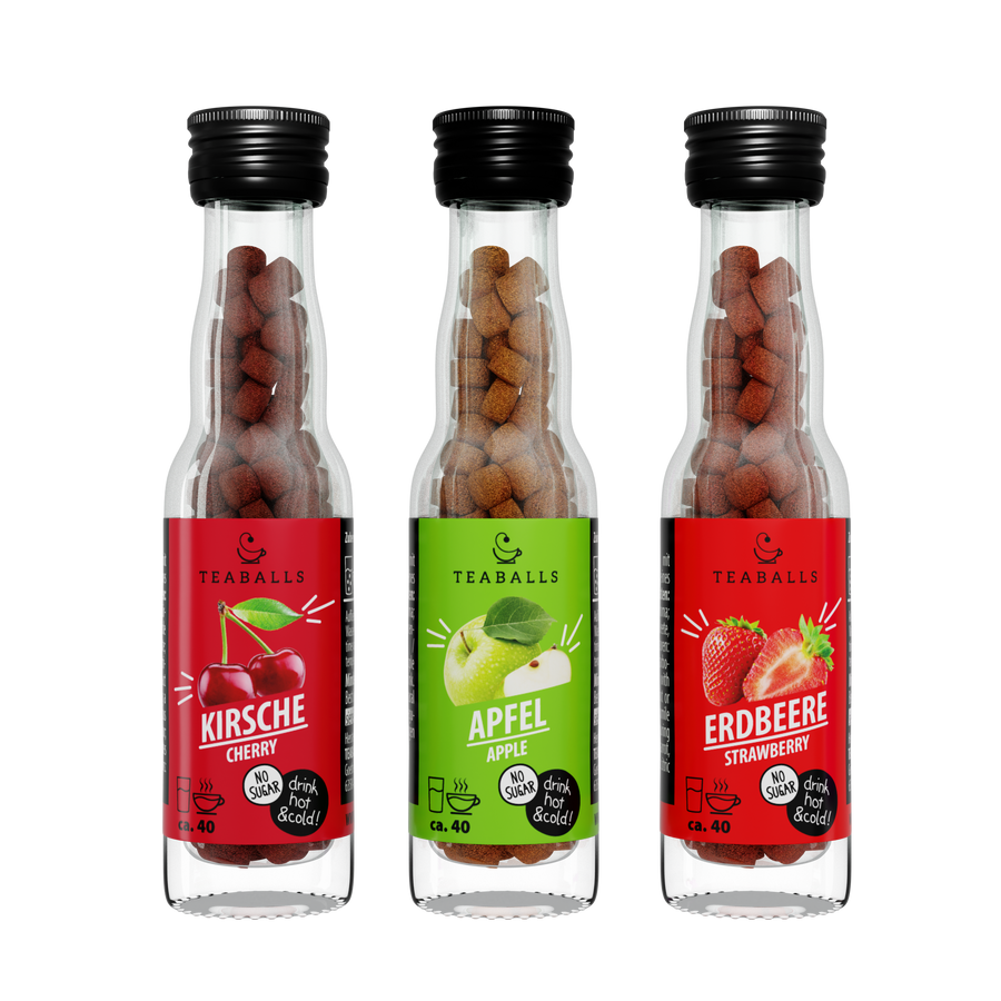 TEABALLS Set da 3 RITORNO A SCUOLA — set di tè e acqua aromatizzata — vista dettagliata. Senza zucchero, caldo e freddo.