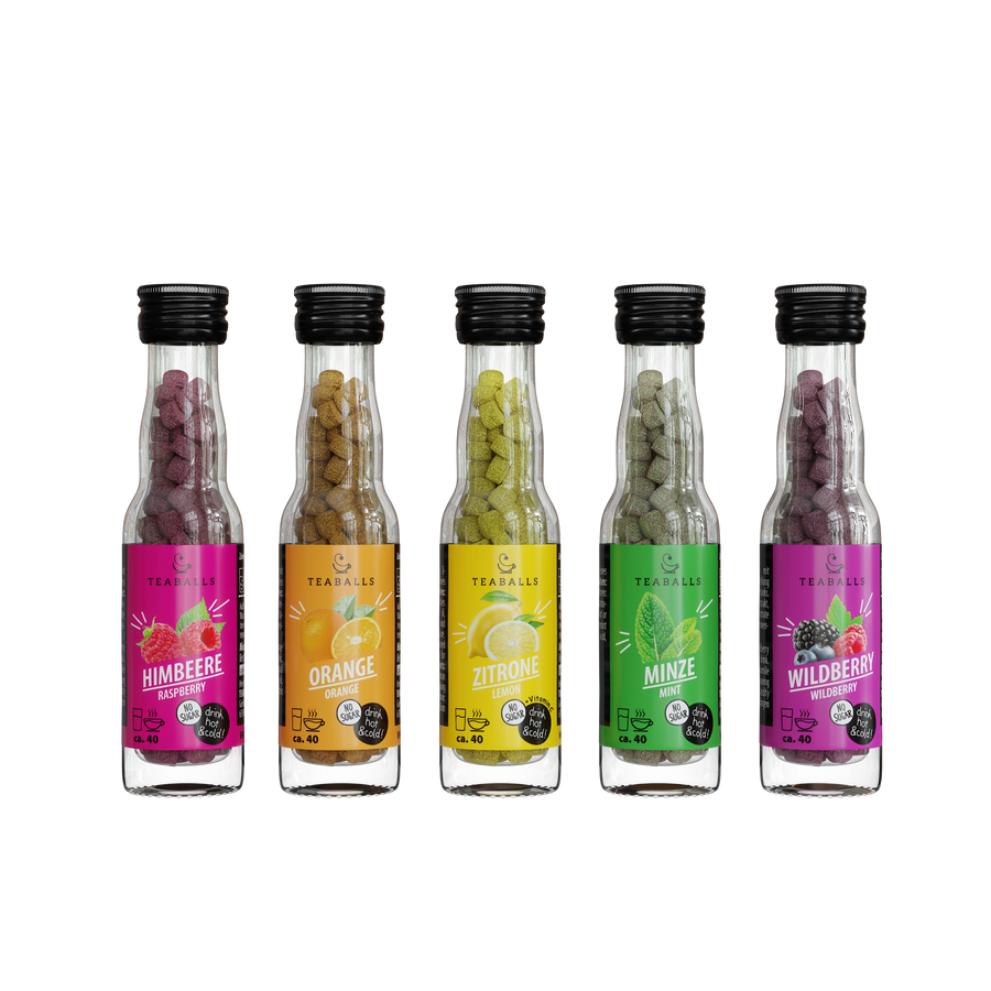 TEABALLS 5er Set RAINBOW — Tee & Flavoured Water Set — Detailansicht. Zuckerfrei, heiss & kalt.