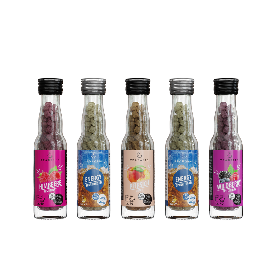 TEABALLS 5er Set POWER BOOSTER — Tee & Flavoured Water Set — Detailansicht. Zuckerfrei, heiss & kalt.