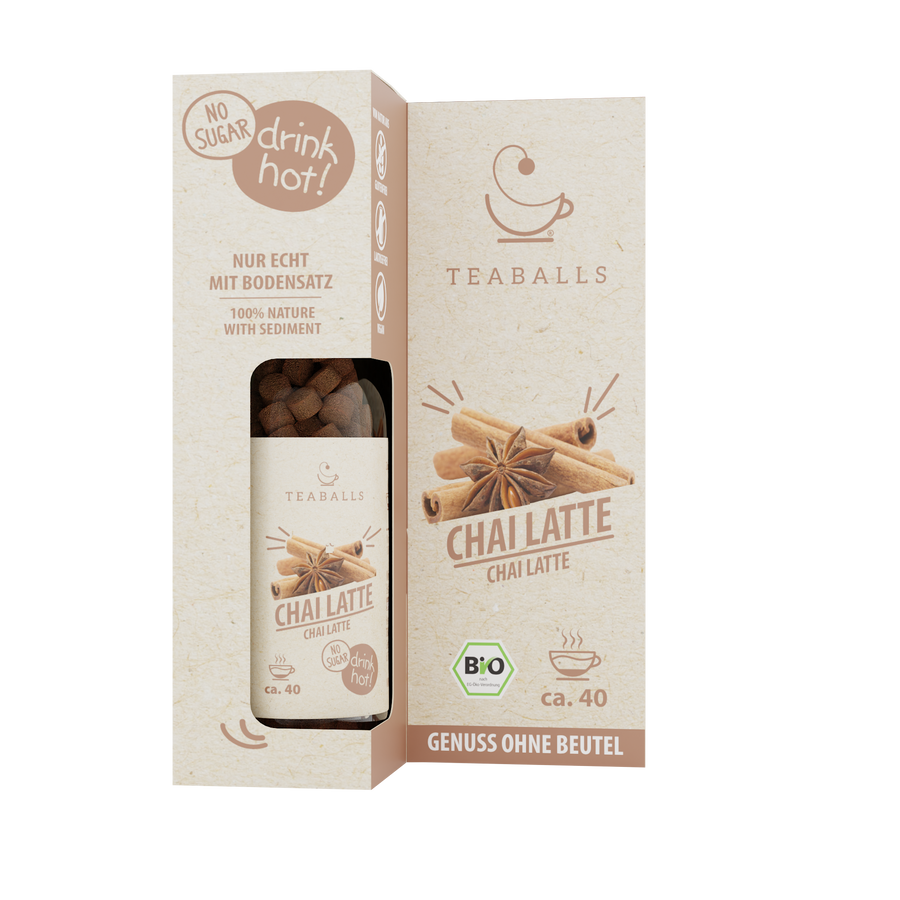 TEABALLS Chai Latte bio — 100% tè biologico naturalmente torbido — vista dettagliata. Senza residui, senza zucchero.