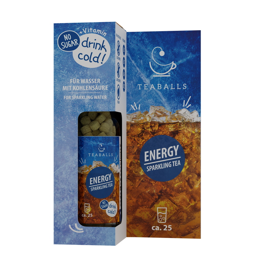 TEABALLS Energy — tè e acqua aromatizzata senza zucchero — vista dettagliata. Caldo e freddo, senza residui, senza zucchero.