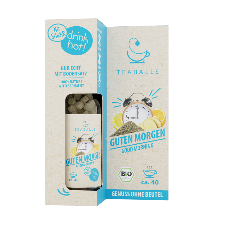 TEABALLS Good Morning bio — 100% tè biologico naturalmente torbido — vista dettagliata. Senza residui, senza zucchero.