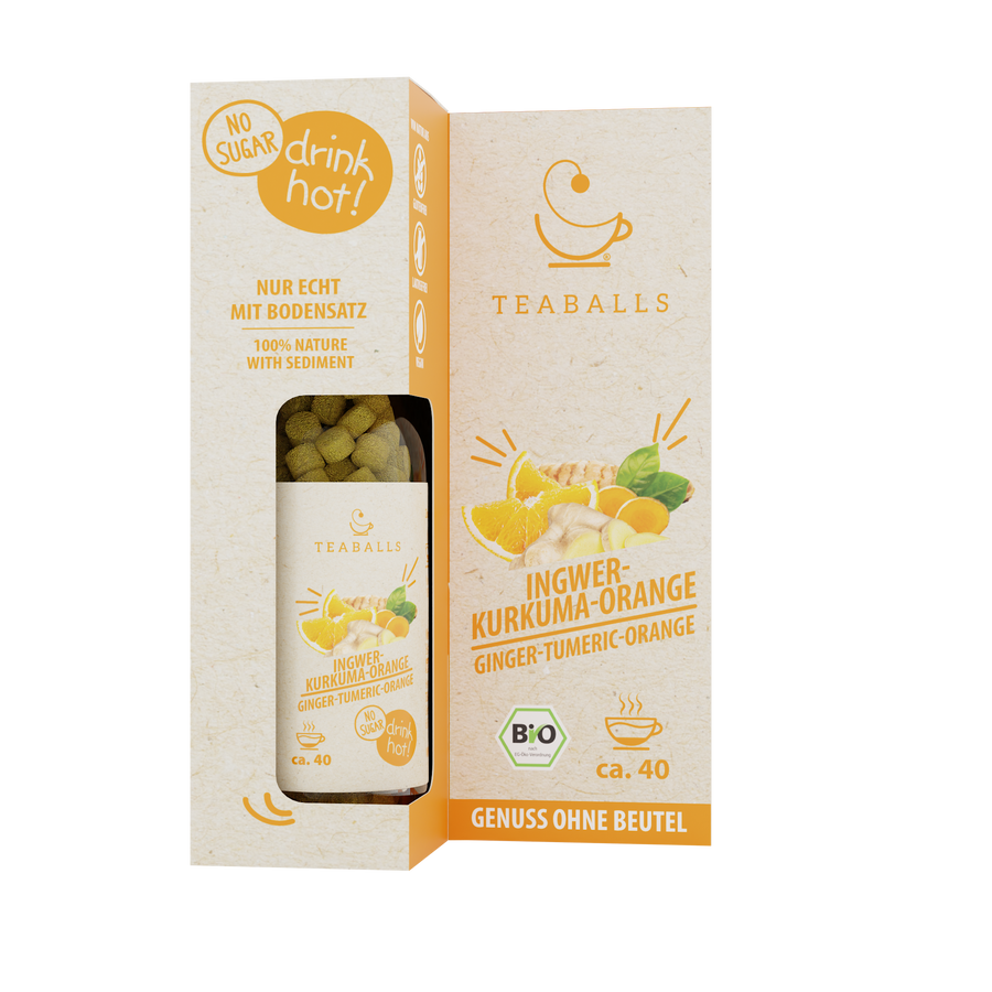TEABALLS Zenzero Curcuma Arancia bio — 100% tè biologico naturalmente torbido — vista dettagliata. Senza residui, senza zucchero.