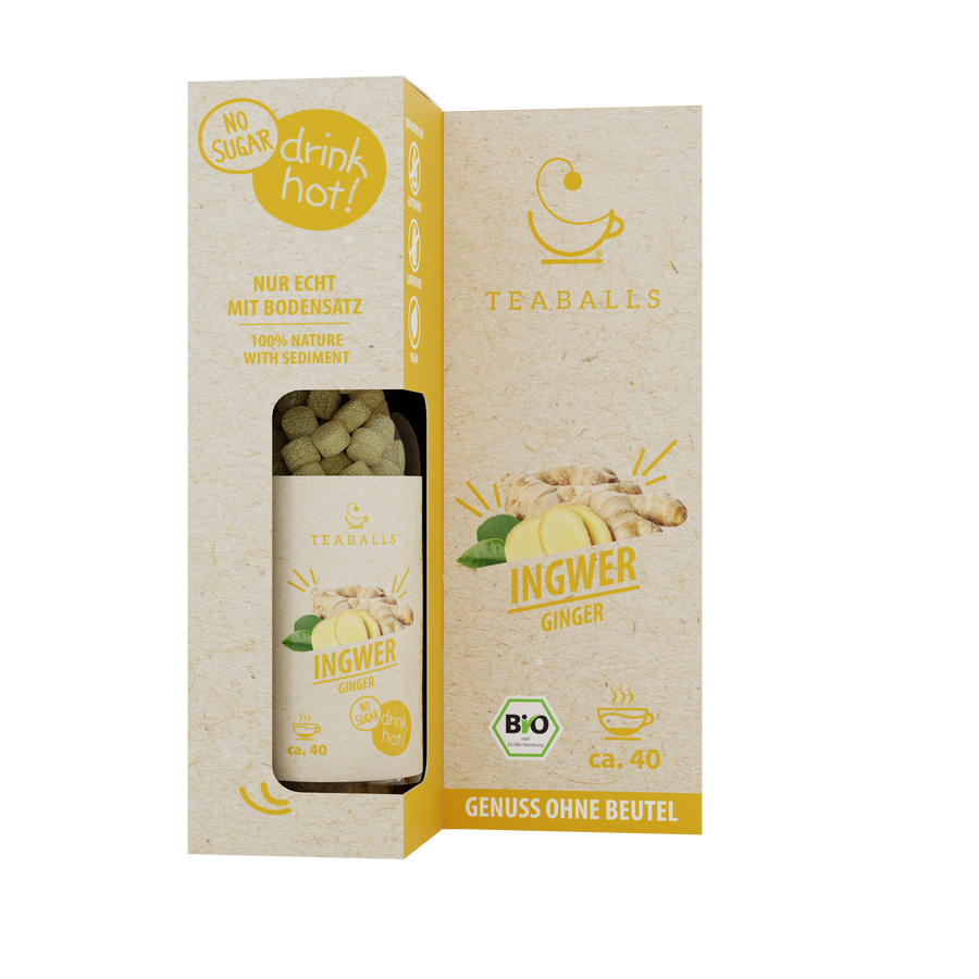 TEABALLS Zenzero bio — 100% tè biologico naturalmente torbido — vista dettagliata. Senza residui, senza zucchero.