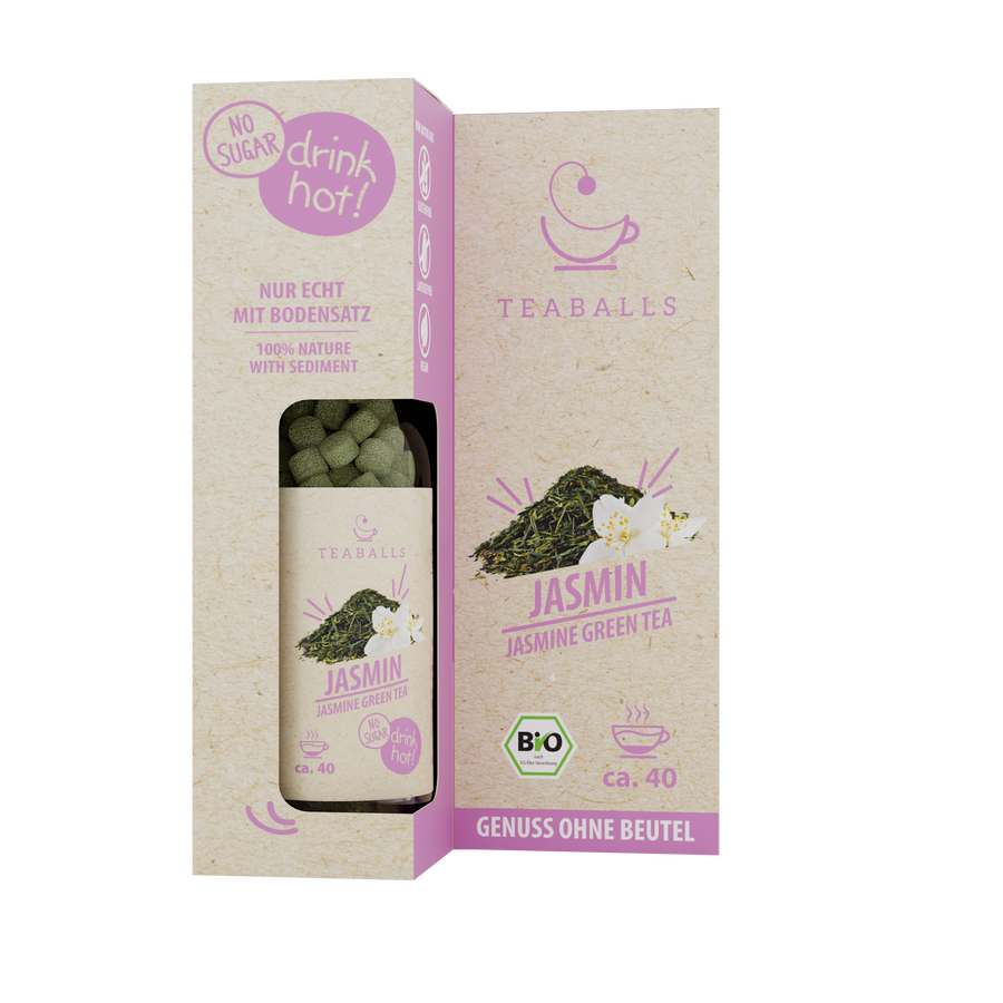 TEABALLS Tè verde al gelsomino bio — 100% tè biologico naturalmente torbido — vista dettagliata. Senza residui, senza zucchero.