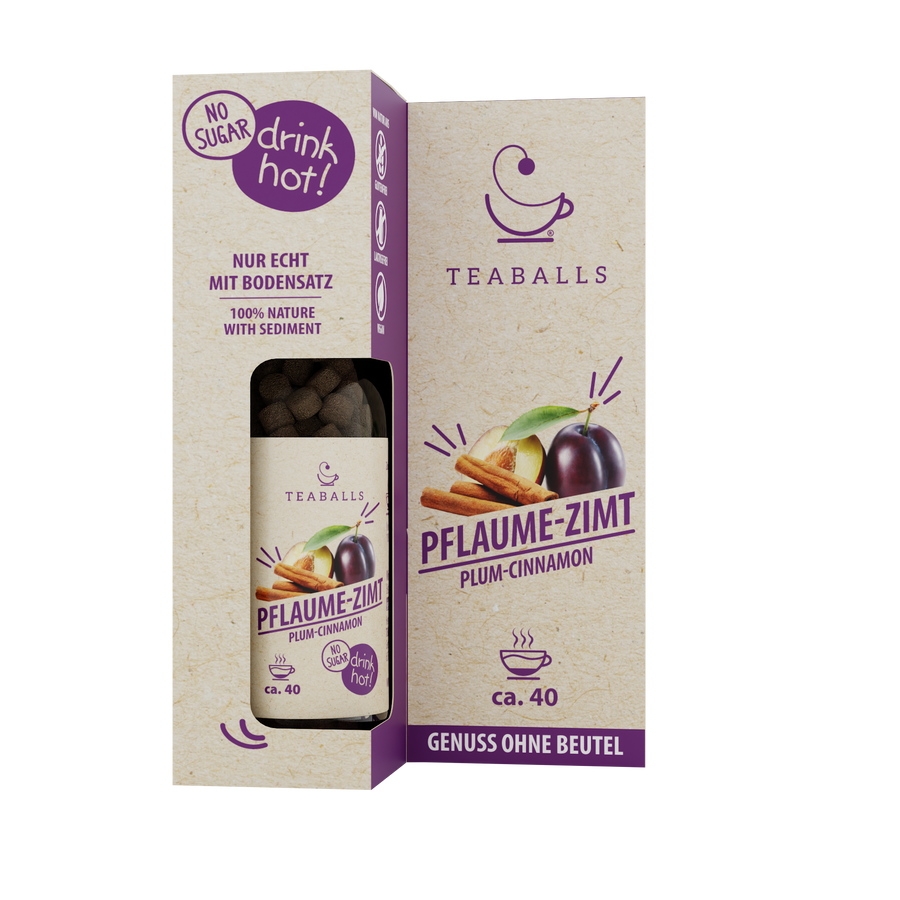 TEABALLS Prugna e Cannella bio — 100% tè biologico naturalmente torbido — vista dettagliata. Senza residui, senza zucchero.