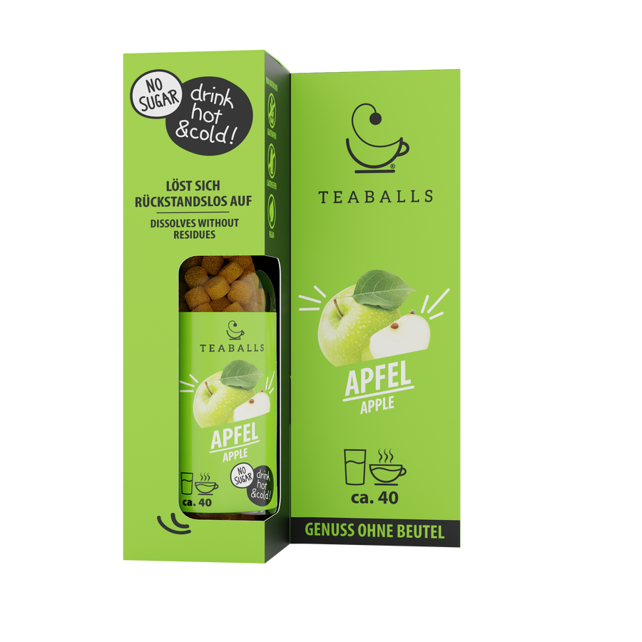 TEABALLS Mela — tè e acqua aromatizzata senza zucchero — vista dettagliata. Caldo e freddo, senza residui, senza zucchero.