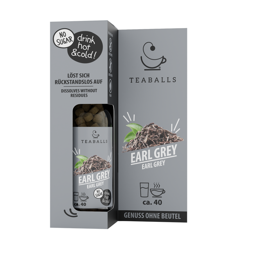 TEABALLS Earl Grey — tea & sugar-free flavoured water — detail view. Hot & cold, residue-free, sugar-free.