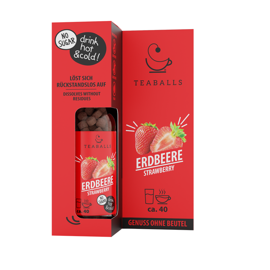 TEABALLS Tè freddo alla fragola — tè e acqua aromatizzata senza zucchero — vista dettagliata. Caldo e freddo, senza residui, senza zucchero.