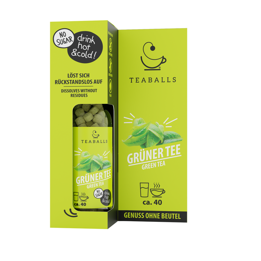 TEABALLS Tè verde — tè e acqua aromatizzata senza zucchero — vista dettagliata. Caldo e freddo, senza residui, senza zucchero.