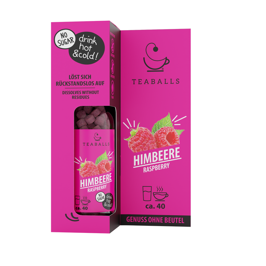 TEABALLS Tè freddo al lampone — tè e acqua aromatizzata senza zucchero — vista dettagliata. Caldo e freddo, senza residui, senza zucchero.