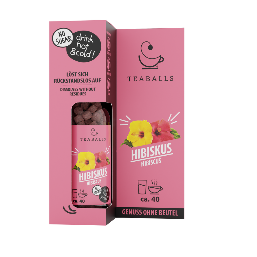 TEABALLS Ibisco — tè e acqua aromatizzata senza zucchero — vista dettagliata. Caldo e freddo, senza residui, senza zucchero.