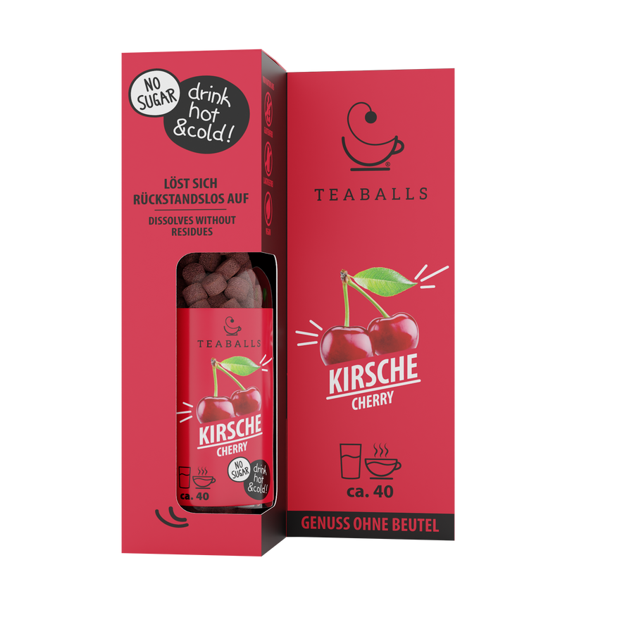 TEABALLS Cerise — thé et eau aromatisée sans sucre — vue détaillée. Chaud et froid, sans résidus.