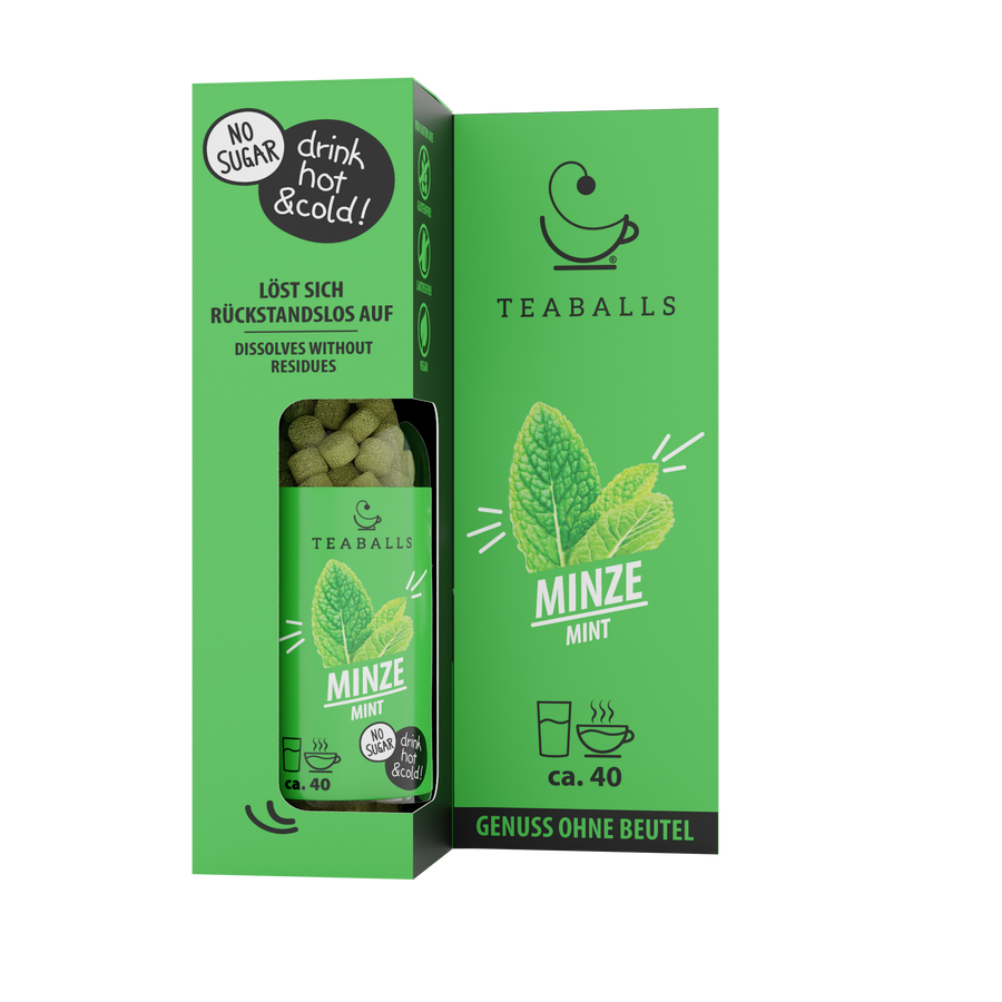 TEABALLS Menta — tè e acqua aromatizzata senza zucchero — vista dettagliata. Caldo e freddo, senza residui, senza zucchero.