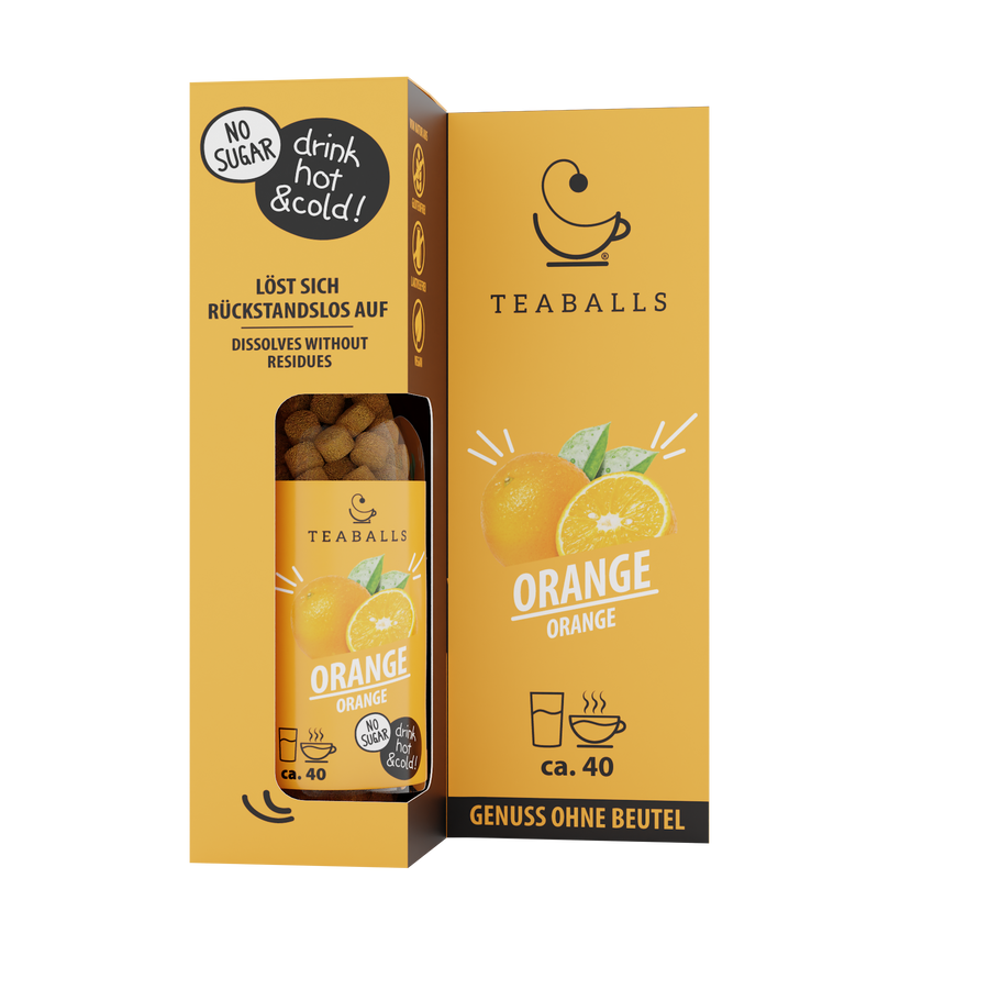 TEABALLS Arancia — tè e acqua aromatizzata senza zucchero — vista dettagliata. Caldo e freddo, senza residui, senza zucchero.