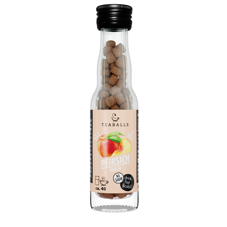 TEABALLS Tè freddo alla pesca — tè e acqua aromatizzata senza zucchero. Caldo e freddo, senza residui, senza zucchero.