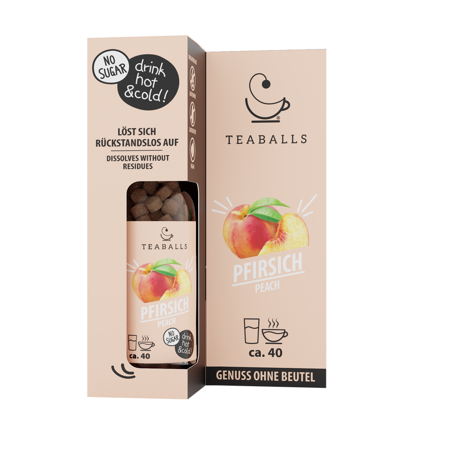 TEABALLS Tè freddo alla pesca — tè e acqua aromatizzata senza zucchero — vista dettagliata. Caldo e freddo, senza residui, senza zucchero.