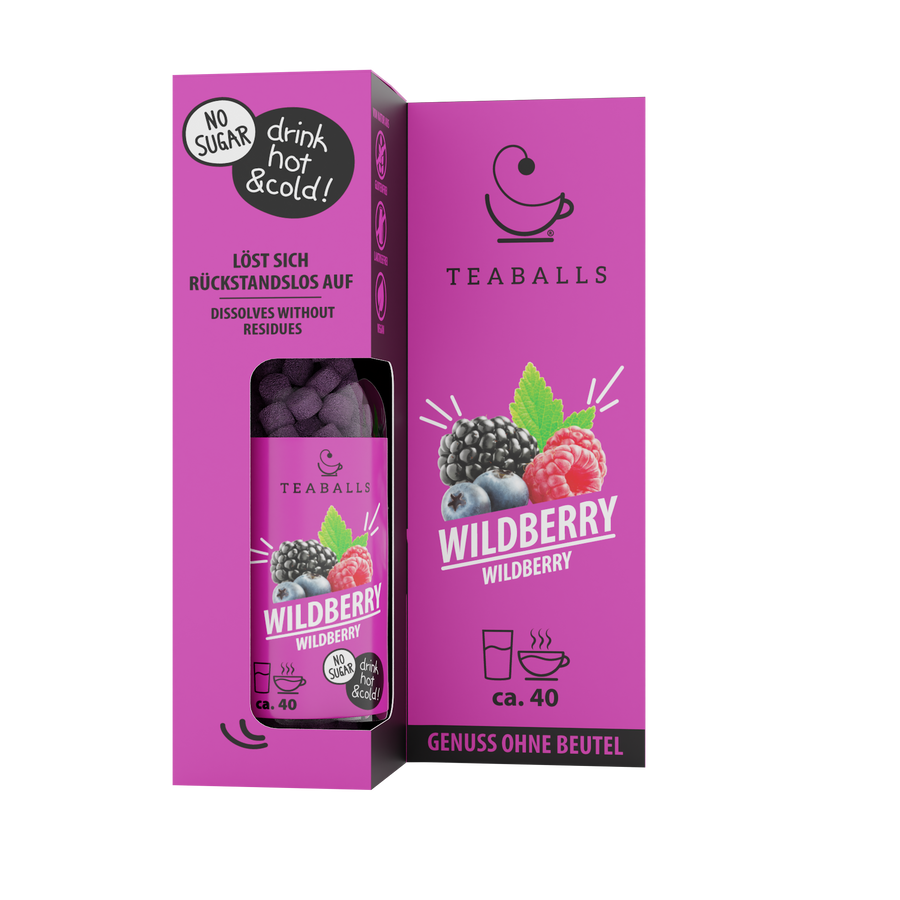 TEABALLS Wildberry — tè e acqua aromatizzata senza zucchero — vista dettagliata. Caldo e freddo, senza residui, senza zucchero.