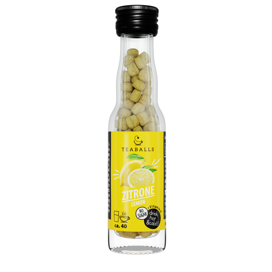 TEABALLS Limone Vitamina C — tè e acqua aromatizzata senza zucchero. Caldo e freddo, senza residui, senza zucchero.