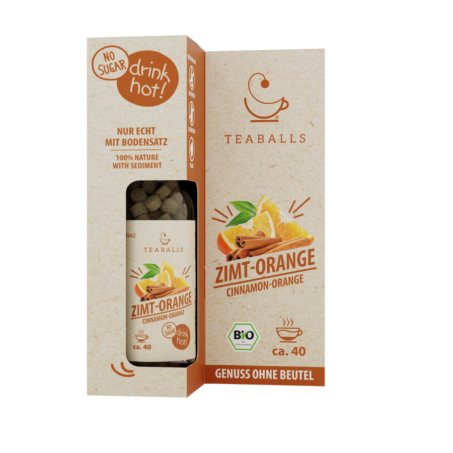 TEABALLS Cannella Arancia bio — 100% tè biologico naturalmente torbido — vista dettagliata. Senza residui, senza zucchero.