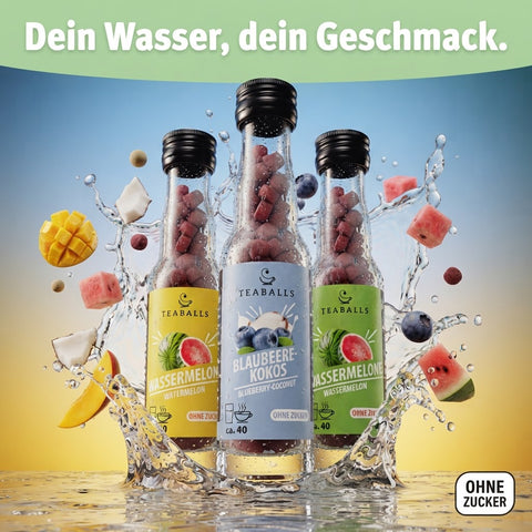 TEABALLS Urlaubs-Trio Set kaufen Schweiz — Zuckerfreier Früchtetee in drei Sommersorten, Produktansicht