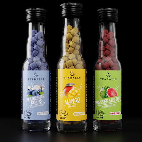 TEABALLS Urlaubs-Trio Set — drei Glasflaschen Sommertee ohne Zucker, heiss & kalt geniessen