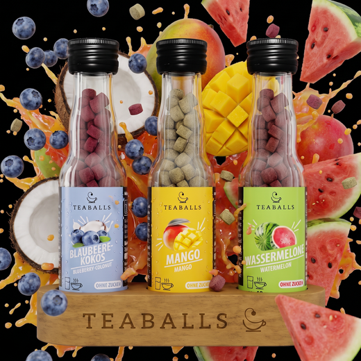 TEABALLS 3er Set Urlaubs-Trio kaufen Schweiz — Mango, Blaubeere-Kokos & Wassermelone, zuckerfreier Sommertee heiss & kalt
