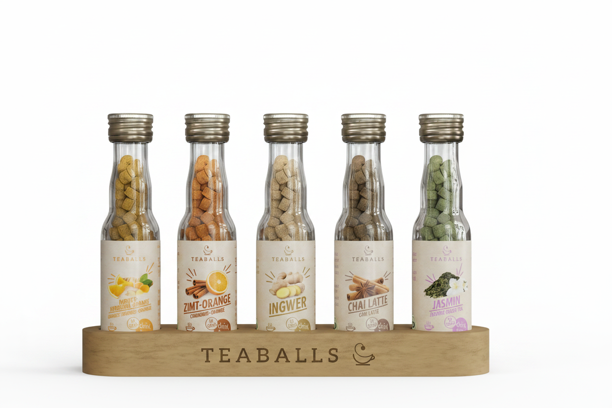 TEABALLS Bio 5er Set Wohlfühl-Mix kaufen Schweiz — 5 Bio-Sorten in Glasflaschen, zuckerfrei & ohne Teebeutel