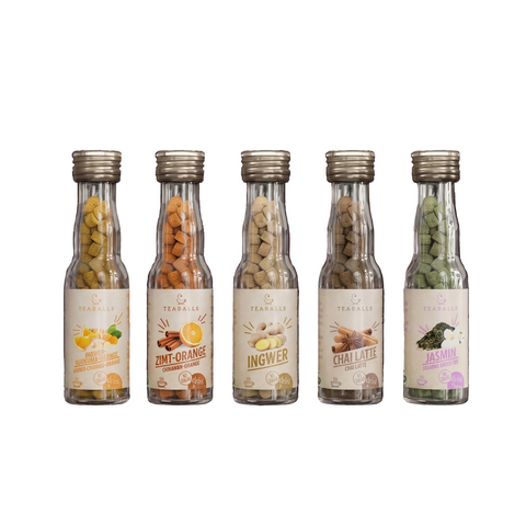 TEABALLS Bio 5er Set mit Holzaufsteller — Ingwer Kurkuma Orange, Zimt Orange, Ingwer, Chai Latte & Jasmin Grüner Tee