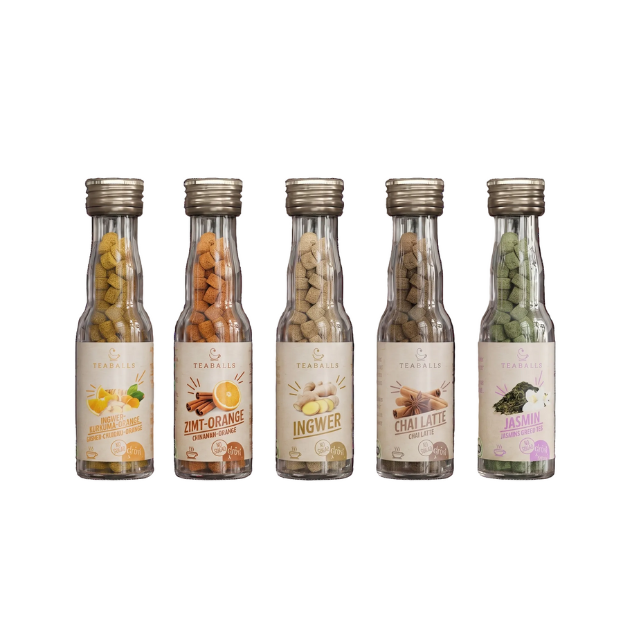 TEABALLS Set da 5 bio con supporto in legno — Zenzero Curcuma Arancia, Cannella Arancia, Zenzero, Chai Latte e Tè verde al gelsomino