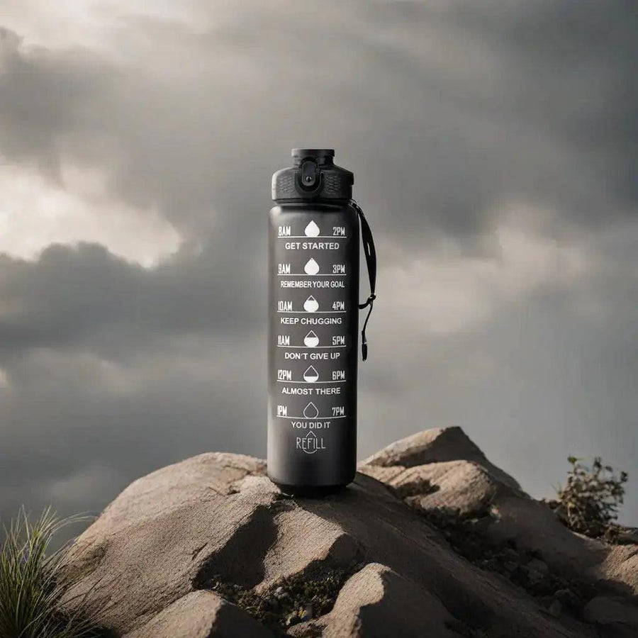 HydroMotiv Trinkflasche — Motivation für täglich 2 Liter — Perfekt für TEABALLS — Detailansicht. Heiss & kalt.