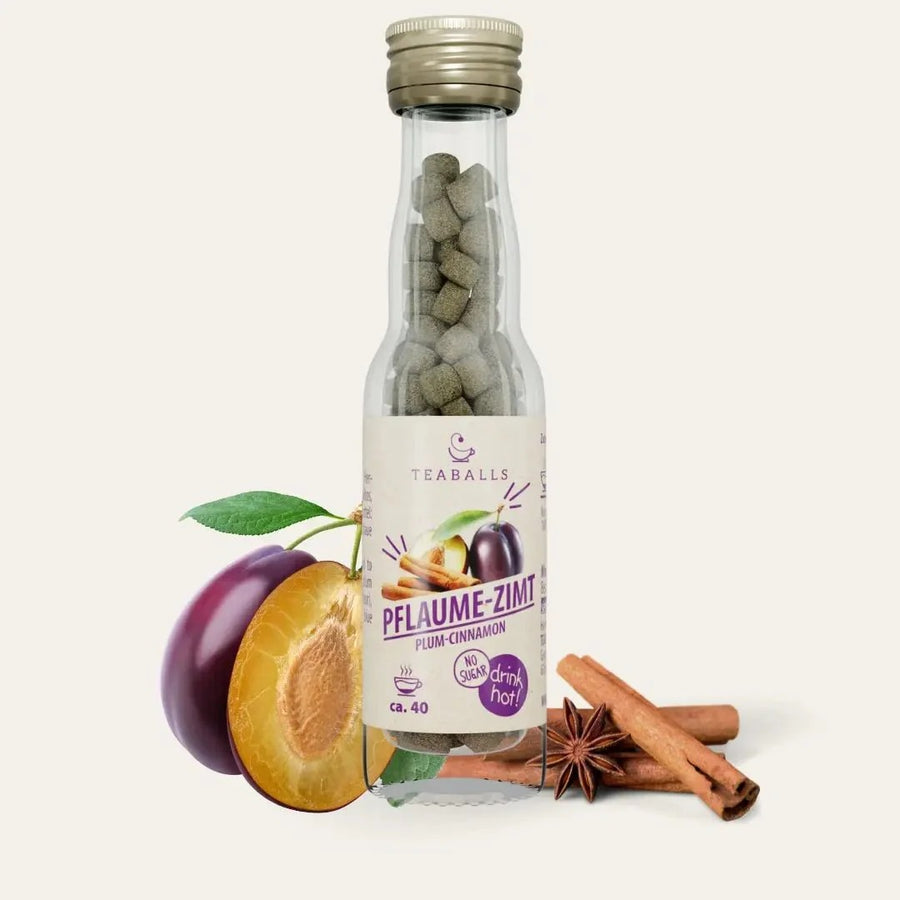 TEABALLS Prugna e Cannella bio — 100% tè biologico naturalmente torbido — vista dettagliata. Senza residui, senza zucchero.