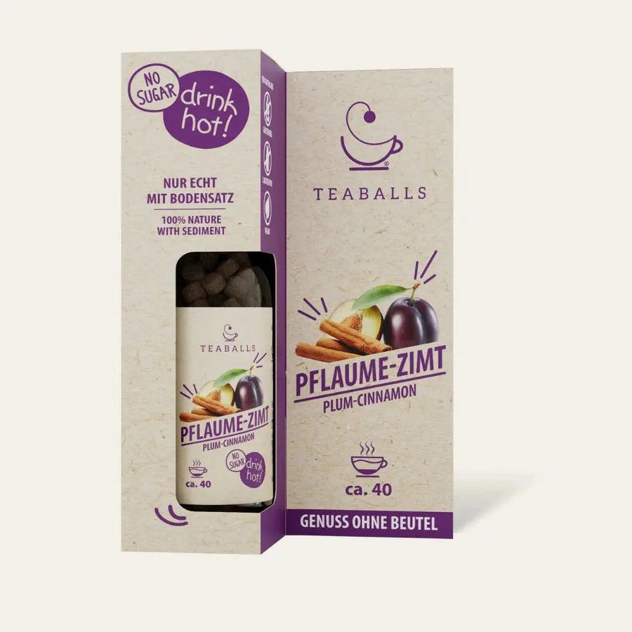 TEABALLS Prugna e Cannella bio — 100% tè biologico naturalmente torbido — vista dettagliata. Senza residui, senza zucchero.
