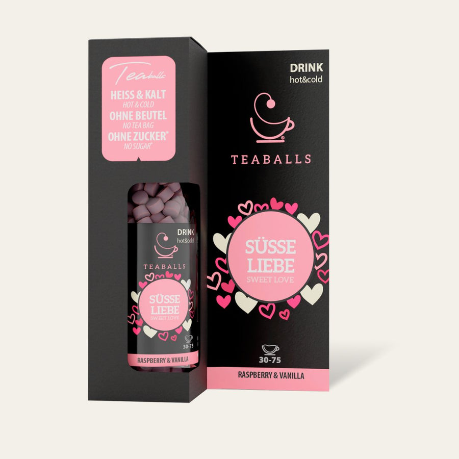 TEABALLS Vaniglia Lampone — tè e acqua aromatizzata senza zucchero — vista dettagliata. Caldo e freddo, senza residui, senza zucchero.