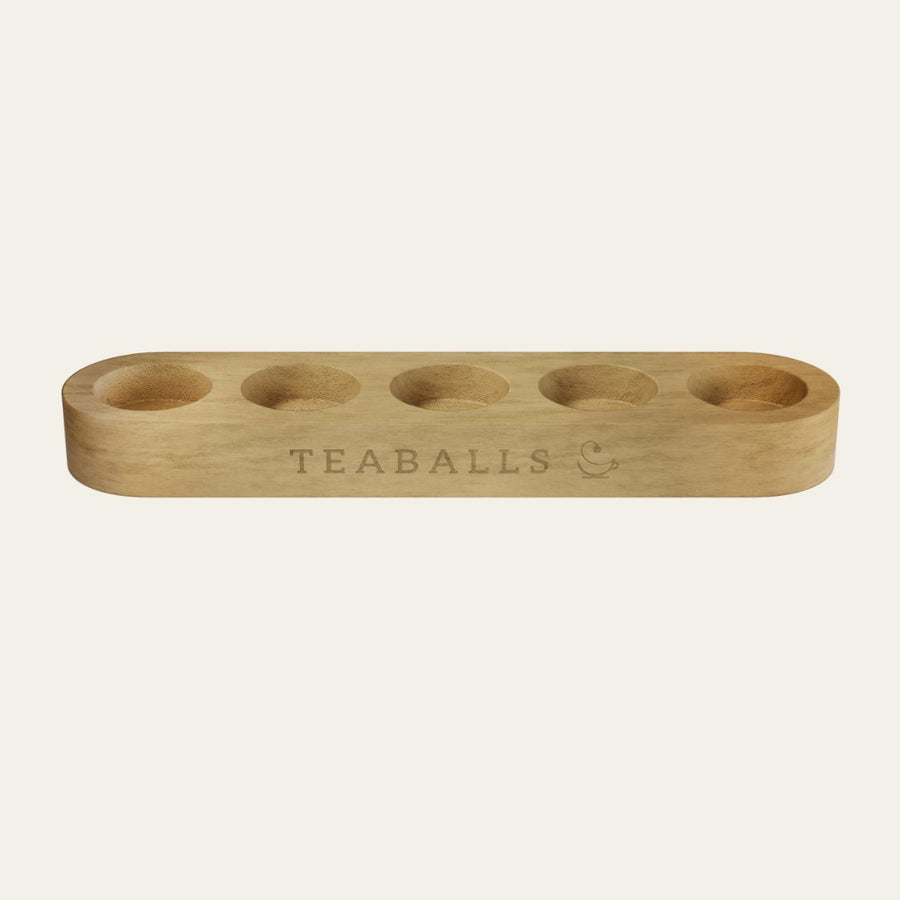 Supporto premium in legno TEABALLS per 5 bottiglie di vetro — elegante dispenser di tè in legno per il set bio da 5