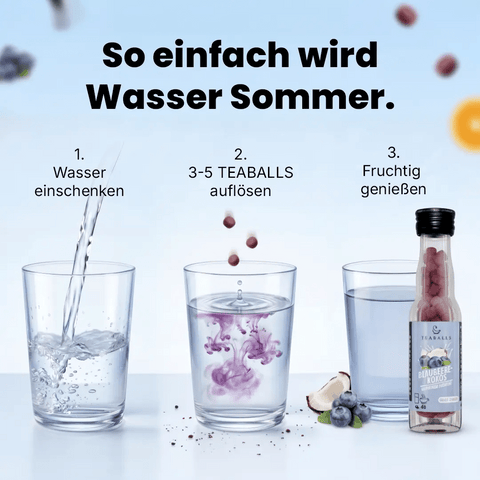TEABALLS Blaubeere-Kokos VIP – Produktflasche seitliche Ansicht | teaballs.ch
