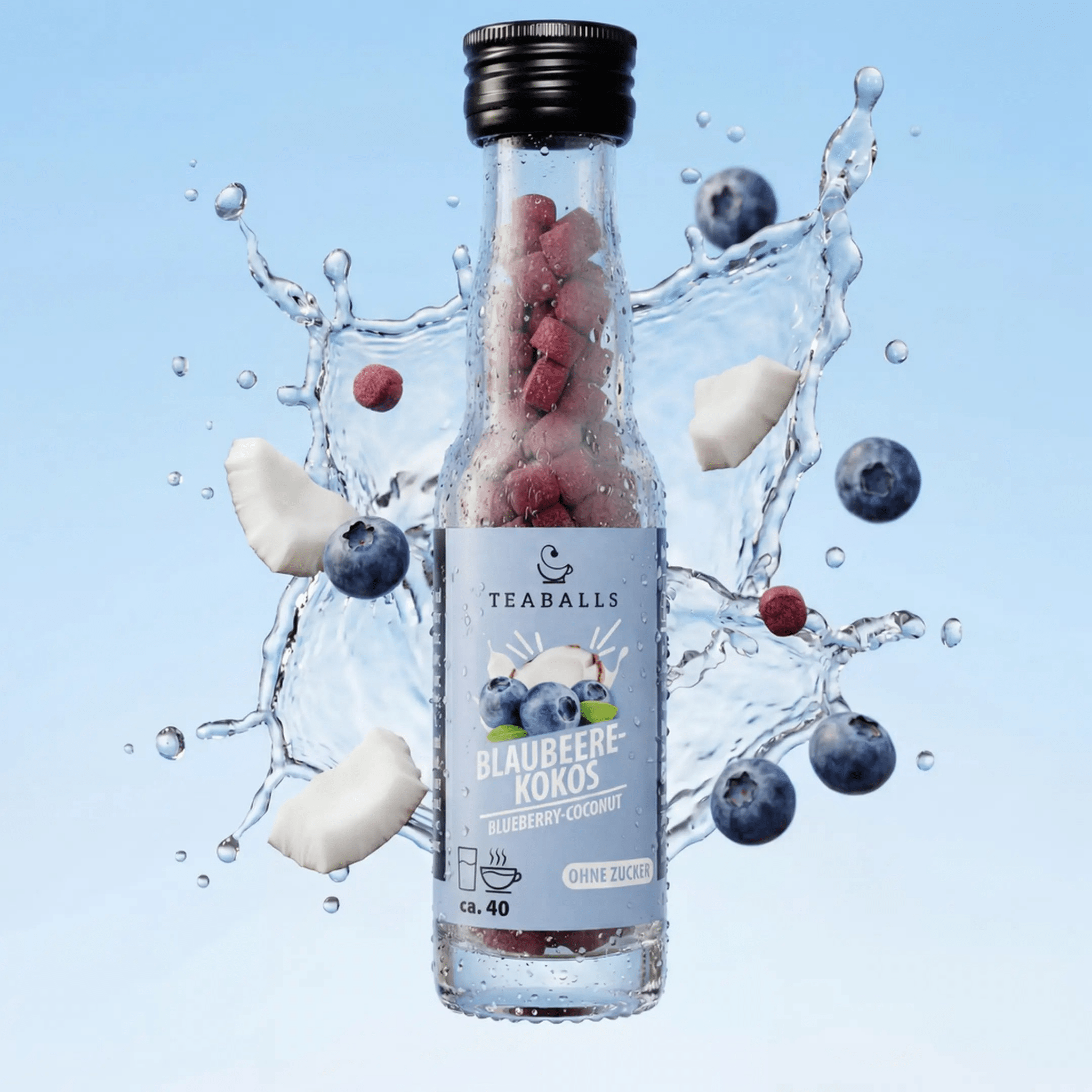 TEABALLS Blaubeere-Kokos VIP – Produktflasche Frontansicht | teaballs.ch
