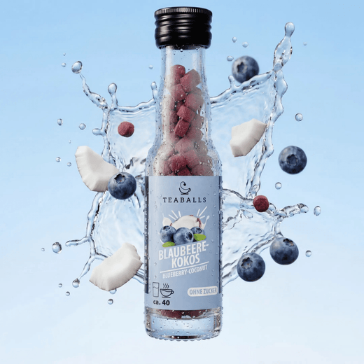 TEABALLS Blaubeere-Kokos VIP – Produktflasche Frontansicht | teaballs.ch