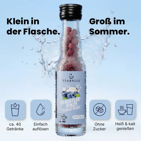 TEABALLS Blaubeere-Kokos VIP – Auflösen im Glas, zuckerfreier Sommerdrink | teaballs.ch