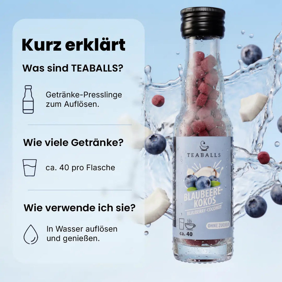 TEABALLS Mirtillo-Cocco VIP – circa 40 bevande per flacone, prodotto in Germania | teaballs.ch